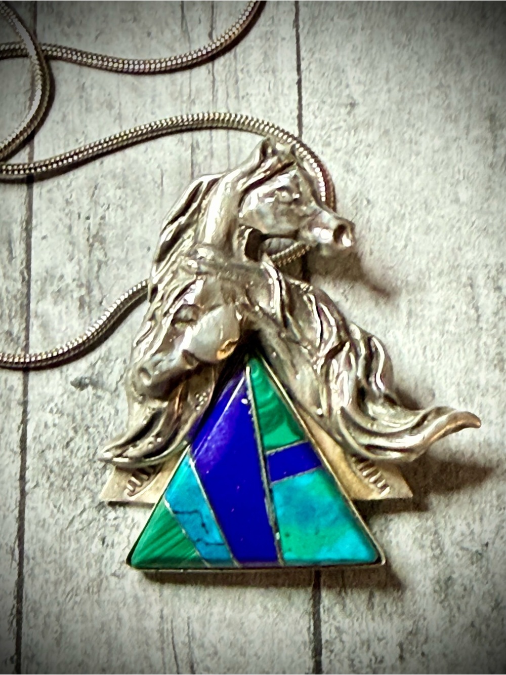 Pewter Horse Pendant Necklace with Blue and Teal Inlay